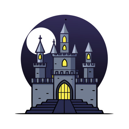 Dark interior castle with white moon in background. AI generated. Vector iconのイラスト素材