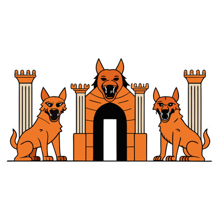 Dreadful Domain. Formidable Cerberus Guarding the Gates of the Underworld. . AI generated. Vector iconのイラスト素材