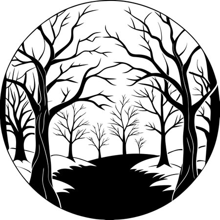 Eerie halloween woods with misty atmosphere and twisted trees horror. AI generated. Vector iconのイラスト素材