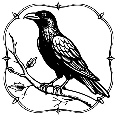 Framed crow on a branch vintage engraved illustration. AI generated. Vector iconのイラスト素材