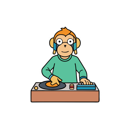 Funny monkey dj at turn table console. disco edm party. night club. AI generated. Vector iconのイラスト素材