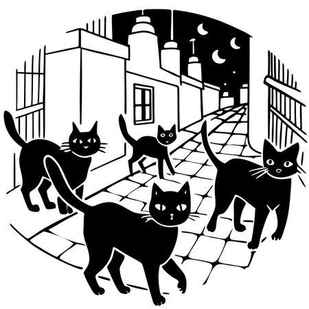 Gang of black cats walking on dark alley at night. Illustration. AI generated. Vector iconのイラスト素材