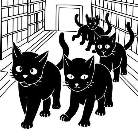 Group of creepy black cats walking on dark alley. Illustration. AI generated. Vector iconのイラスト素材