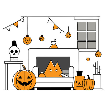 Halloween party in living room - decorations with lanterns and pumpkins. AI generated. Vector iconのイラスト素材