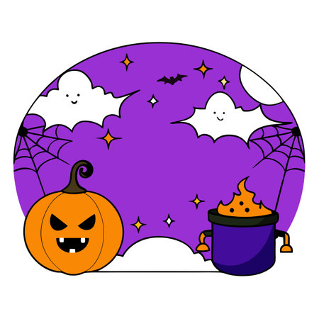 Halloween party background with clouds. bats and pumpkins. spiders. AI generated. Vector iconのイラスト素材