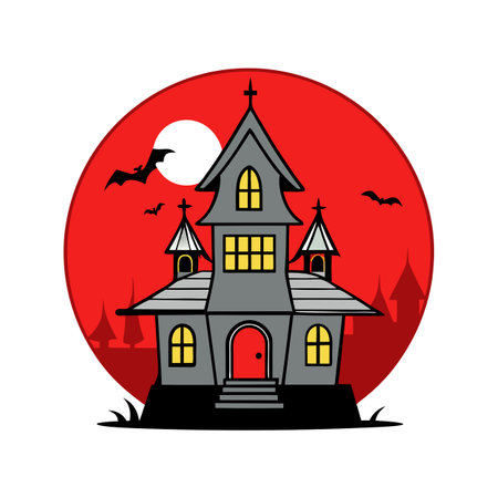 Halloween haunted house and full red moon background. High quality. AI generated. Vector iconのイラスト素材