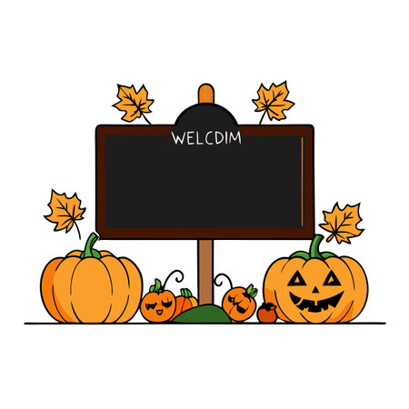 Halloween welcome signboard mockup with pumpkins. lantern and fallen. AI generated. Vector iconのイラスト素材