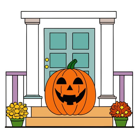 Halloween pumpkin jack o' lantern and flowers on front porch. exterior AI generated. Vector iconのイラスト素材