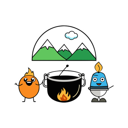 Hiking pot Bowler in the bonfire Fish soup boils in cauldron at the . AI generated. Vector iconのイラスト素材