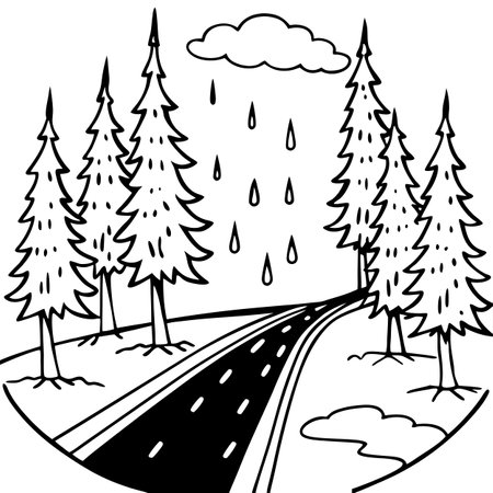 Illustration of wet road in woods and some fog. AI generated. Vector iconのイラスト素材