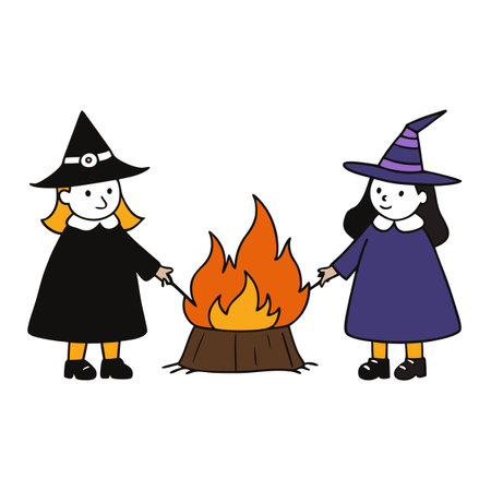 Image of women in witch costume near bonfire. Walpurgis Night or . AI generated. Vector iconのイラスト素材