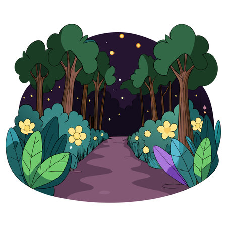 Magic path in fantasy forest at night. luminous flowers and lights. AI generated. Vector iconのイラスト素材