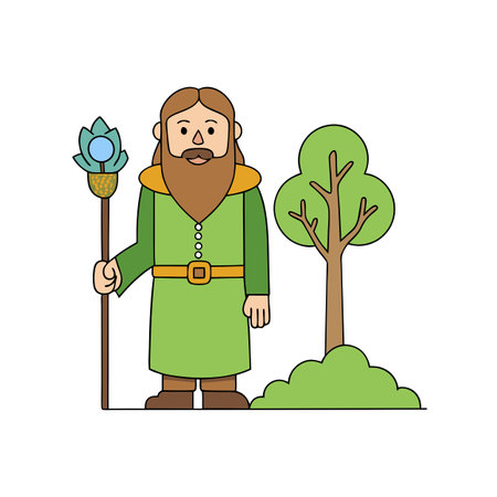 Man druid healer portrait in forest next to a tree. AI generated. Vector icon