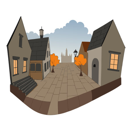 Misty Autumn Street in Small Old Town Halloween Environment 3D Art. AI generated. Vector iconのイラスト素材