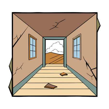 Inside view of an abandoned house showing a light-flooded window. AI generated. Vector iconのイラスト素材