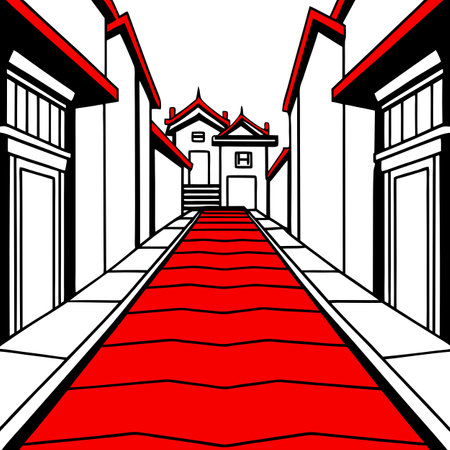 Mystical Empty Red Lights Street In Spooky Ancient Town 3D Art Illustration. . AI generated. Vector iconのイラスト素材