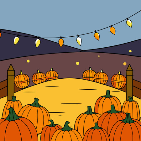Pumpkin Patch Evening. Warm Lights Illuminate a Festiv. AI generated. Vector iconのイラスト素材