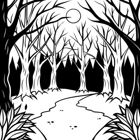 Scary mystical forest.Creepy trees halloween concept background. . AI generated. Vector iconのイラスト素材