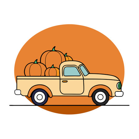 Pickup truck with a trunk full of pumpkins against the backdrop of . AI generated. Vector iconのイラスト素材