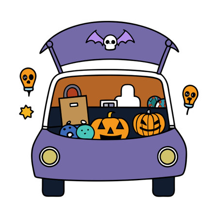 Spooky Halloween Car Trunk. Open Trunk Full of Halloween Items. Illuminated. AI generated. Vector iconのイラスト素材