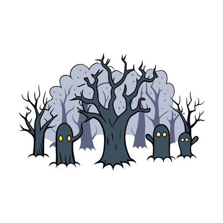 Spooky forest vector art with gnarled trees mist and lurking creatures. AI generated. Vector iconのイラスト素材