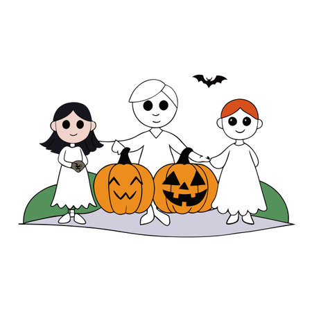 Spooky sisters. girls celebrating halloween with jack-o-lanterns. AI generated. Vector iconのイラスト素材