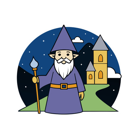 Vectored wizard traveling fantasy setting night hd wall. AI generated. Vector iconのイラスト素材