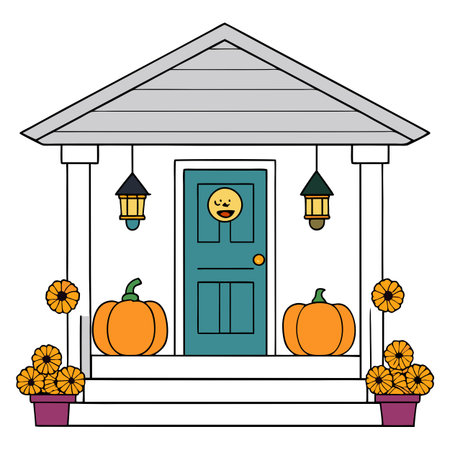 The porch of the house is decorated with pumpkins. flowers and lanterns. AI generated. Vector iconのイラスト素材