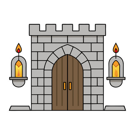 The gates of a medieval castle at night. an external entrance with . AI generated. Vector iconのイラスト素材