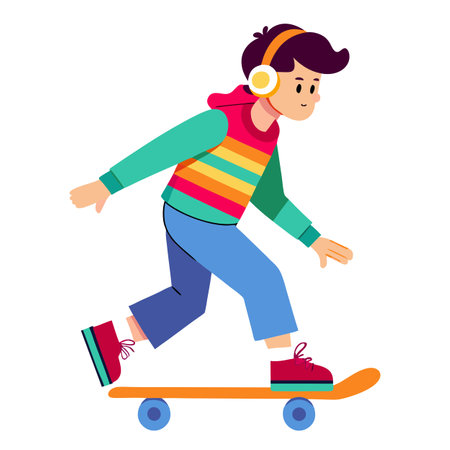 A boy skateboarding on the streets of Harajuku. listening to music. AI generated. Vector iconのイラスト素材