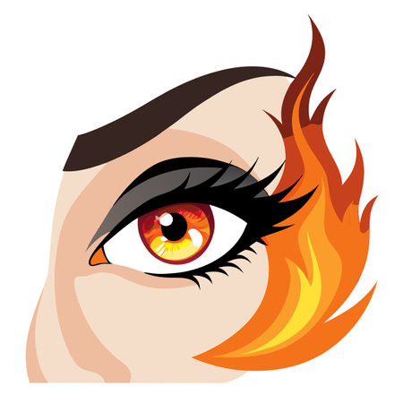 A close-up beautiful eye of a female person. burning glowing fire. AI generated. Vector iconのイラスト素材
