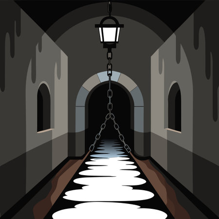 A dimly lit hallway with a chain hanging from the ceiling. Photorealistic. AI generated. Vector iconのイラスト素材