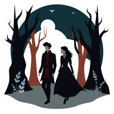 A couple of people walking through a forest. a storybook illustration. . AI generated. Vector iconのイラスト素材