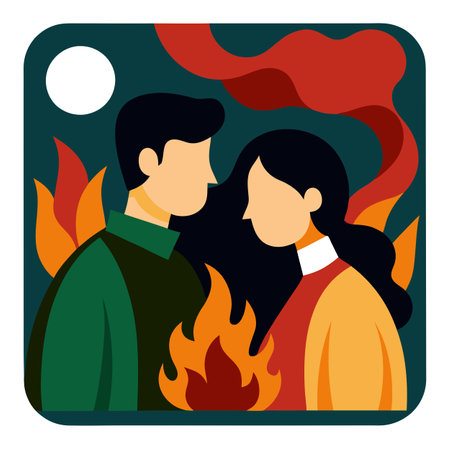 A couple is shown in a painting with a fire in the background. AI generated. Vector iconのイラスト素材