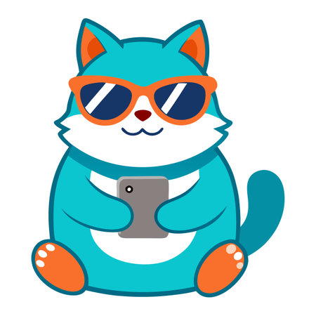 A cat wearing sunglasses is playing games on his mobile phone. . AI generated. Vector iconのイラスト素材