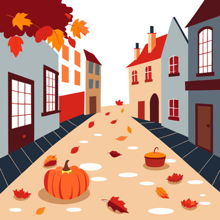 A cobbled street in a historic town. Burnt orange and deep red leaves. AI generated. Vector iconのイラスト素材