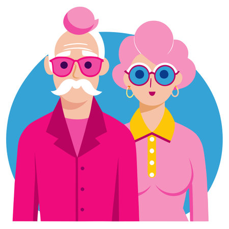 A funky retro old couple wearing matching pink outfits and sunglasses. AI generated. Vector iconのイラスト素材