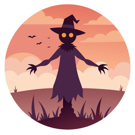 A ghostly scarecrow on the field in the evening. Spooky concept.Digital. AI generated. Vector iconのイラスト素材