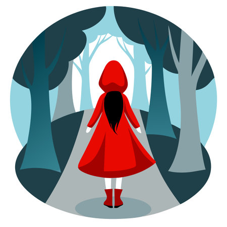A girl wearing a red cloak and walking in the gloomy forest path.Back . AI generated. Vector iconのイラスト素材