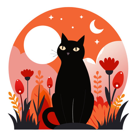 A painting of a black cat sitting in a field of red. orange. and . AI generated. Vector iconのイラスト素材