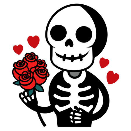A skeleton holding a bouquet of red roses. image.. AI generated. Vector iconのイラスト素材