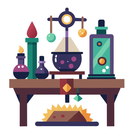 Artwork of an ancient alchemist's work-table. AI generated. Vector iconのイラスト素材