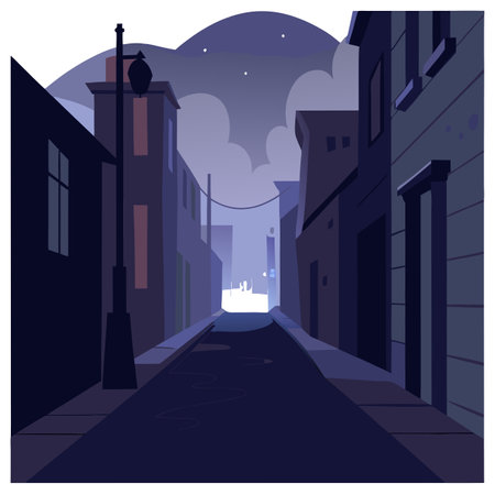 Alley fog night street city dark town urban wallpaper background. AI generated. Vector iconのイラスト素材