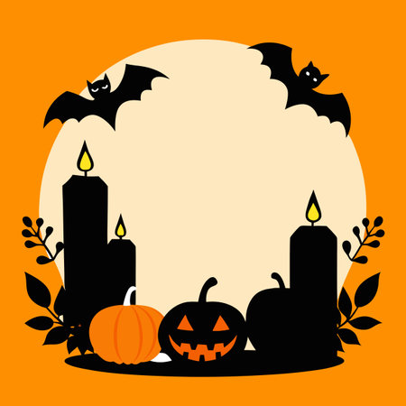 Black Halloween frame with bats. candles pumpkins and a leaf. Orange. AI generated. Vector iconのイラスト素材