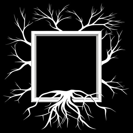 Branches of tree roots frame an empty frame. black background.. AI generated. Vector iconのイラスト素材