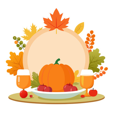 Autumn themed table setting with pumpkins leaves and berries Copy . AI generated. Vector iconのイラスト素材