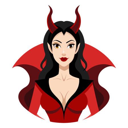 Beautiful woman in Halloween devil costume with horns. AI generated. Vector iconのイラスト素材