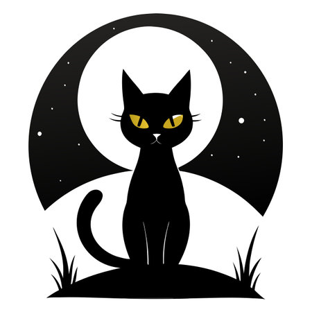 Cinematic black cat with a crescent moon scene hd desktop wallpaper. . AI generated. Vector iconのイラスト素材