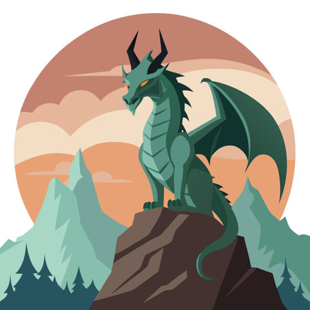 Colossal. ancient dragon perches on a mountaintop. with a vast sprawling. AI generated. Vector iconのイラスト素材