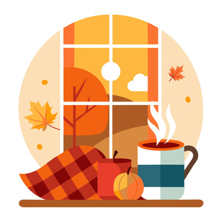 Cozy warm autumn composition with cup of hot coffee. cozy plaid blanket. AI generated. Vector iconのイラスト素材